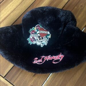 Ed Hardy Black Faux Fur Hat with Colorful Embroidery